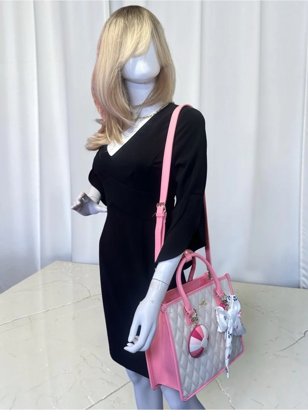 Betsey Johnson White Quilted Tote with Pink Trim and Bow Accent
